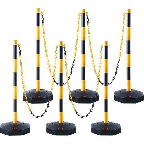 Poteau de Signalisation 6PCs Poteau de Délimitation sur Socle Remplissable Hauteur Réglable Cône de Signalisation Longue Chaine 2,4 m pour Contrôle de Circulation Chantier Parking Jaune et Noir (1/5)