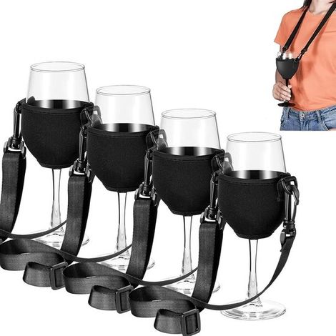 Lot de 4 porte-verres à vin – Porte-gobelets suspendus – Avec cordon – Pour fêtes, mariages et anniversaires – Noirs (1/5)