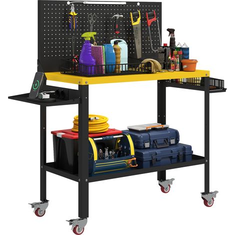 HOMCOM banco de trabajo con panel perforado y ruedas, enchufes, usb, luz led y estructura metálica, carga 300 kg, 128x49,5x127,5 cm, negro y amarillo (1/5)