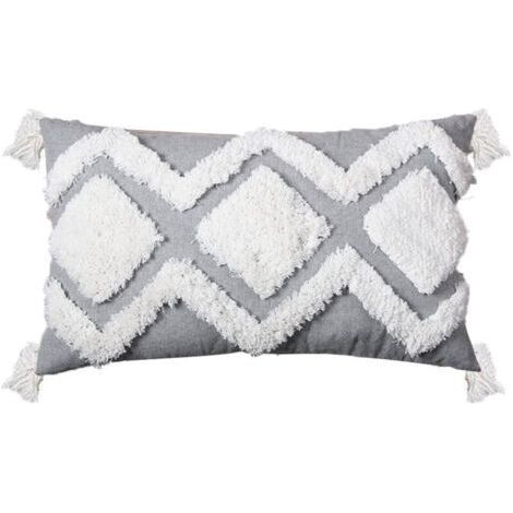 Housse de Coussin Bohème Tissée à Franges, Style Gris/Blanc, Coton, (Gris sur Blanc, 30x50 cm) (1/3)