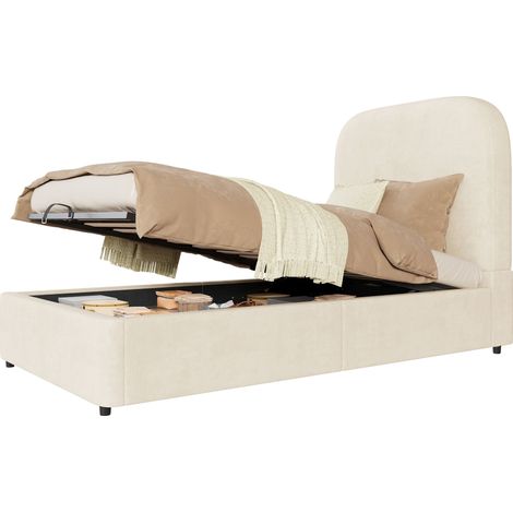 Lit Coffre Enfant 90 x 200 cm en Velours, Simple avec Rangement Hydraulique et Tête Rembourrée, sans Matelas, Beige (1/5)