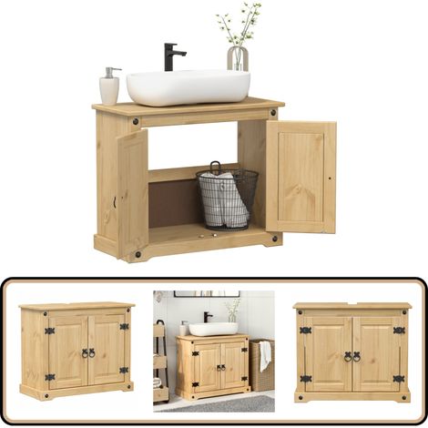 Vidaxl – Armoire lavabo salle de bain en bois de pin massif – Meuble sous vasque 73x33x60cm – Poignées en métal – Grand espace de rangement