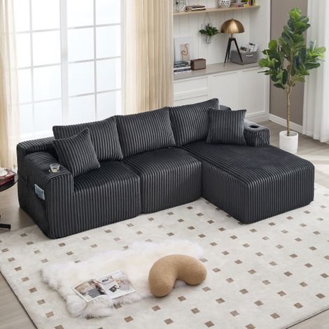 Set de canapé modulaire avec chaise longue et 2 places, cordon doux, avec 5 coussins, poches latérales et porte-boissons, mousse haute densité, combinaison bricolage, idéal pour salon, Appartement et 