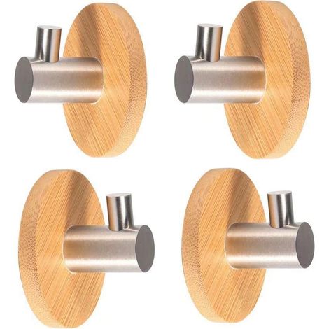 Set mit 4 selbstklebenden Haken aus Edelstahl und Bambus, Bademantelhaken, Wandhaken, Küchenhandtuchhalter, Kleiderhaken, kein Bohren erforderlich, für Bad und Küche