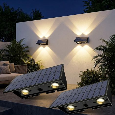 Applique Murale Exterieur Solaire 2 Unités Lumiere Solaire Exterieur Puissante Blanc Chaud Applique Solaire Exterieur Haut et Bas Spot Extérieur Éclairage 1800mAh pour Jardin Clôture Mur Escalier [Cla (1/5)