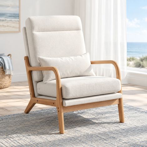 Sillón de salón en tejido aspecto lino, respaldo alto, cojín lumbar, crema (1/5)
