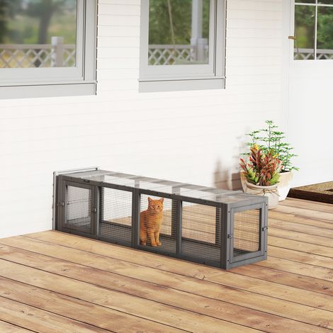 Tunnel pour chat Jouets pour chat en bois avec 3 portes, extensible Tunnel de jeu pour chat jusqu‘à 10 kg, 151,5 x 38,5 cm Gris (1/5)
