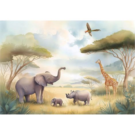 Papier peint mural jungle animaux enfant intissé grand format design intérieur chambre enfant pas cher 350x250 cm (1/5)