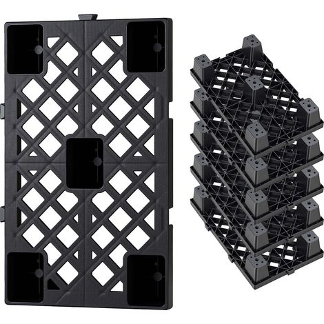Palettes en Plastique Emboîtables Lot de 6, Palettes de Sol Empilables, avec Grille Respirante et Pieds de Support, Résistantes à l'Humidité, pour Sous-Sol Garage Entrepôt, 500x305x100 mm, Noir (1/5)