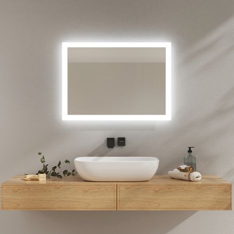 EMKE Miroir lumineux salle de bain 70x50cm, Miroir LED avec Interrupteur à bouton, Anti-buée, Miroir avec éclairage lumière Blanche Froide/Chaude (1/4)