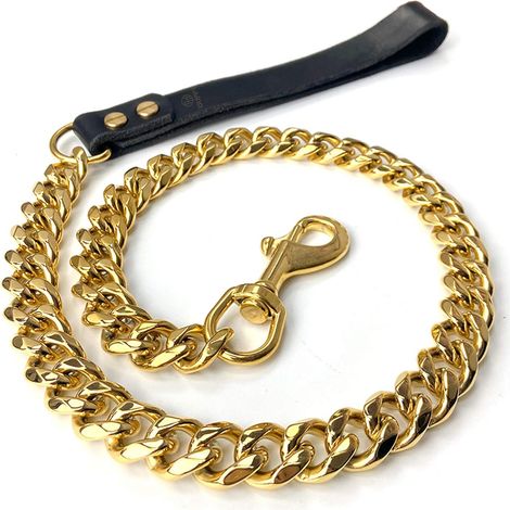 Gold Chain Leash for Large Dogs Chew Resistant Metal 19mm Fully Welded Stainless Steel Pet Leash Chain with Leather Padded Handle (1/4)