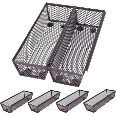 Lot de 6 paniers de rangement de cuisine en maille bronze – Paniers de rangement en métal à emboîtement fin – Caoutchouc antidérapant – Tiroir de cuisine extensible pour ustensiles et couverts (Noir) (1/5)