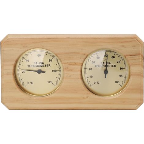 Thermo-hygromètre de sauna 2 en 1, cadre en bois doré, double cadran mural pour température et humidité, accessoire de sauna précis pour maison, spa et hammam (1/5)