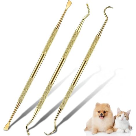 Kit de nettoyage dentaire pour chiens en 3 pièces, outil de détartrage à double tête en acier inoxydable, outil de nettoyage dentaire pour chats et chiens (doré) (1/5)