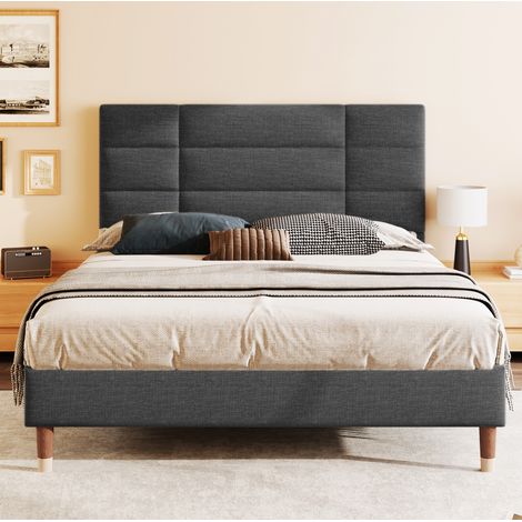 Letto imbottito in lino grigio 140x200 cm con testiera e rete a doghe inclusa (1/5)