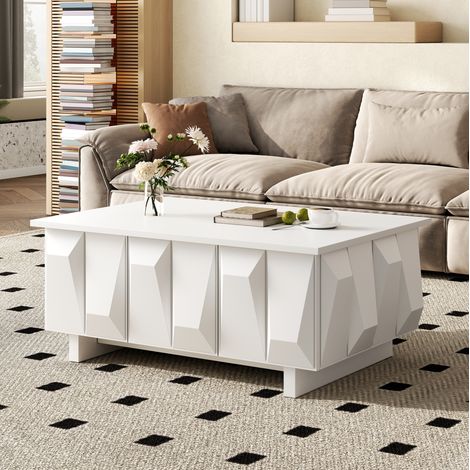 Couchtisch mit Stauraum (95x67x39.5 cm), modernes 3D-Design, mit Türen, PB, Weiß (1/5)