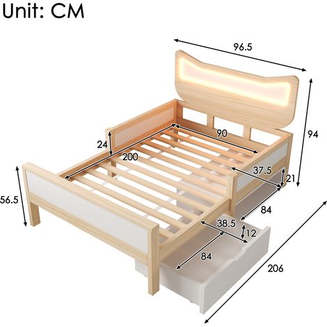 Lit enfant 90x200cm LED RGB oreilles chat - sommier lattes tiroir rangement modulable barrières sécurité blanc chêne