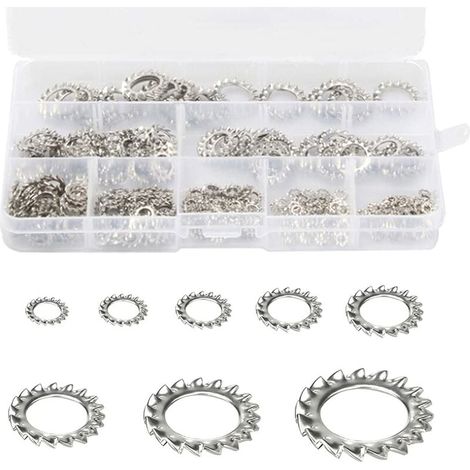 Rondelles de Verrouillage des Dents 300 pièces Rondelle Frein Inoxydable Rondelles Dentées Rondelles de Blocage Rondelles Dentées Externes Assortiment Ensemble (M2,5 M3 M4 M5 M6 M8 M10 M12) (1/5)