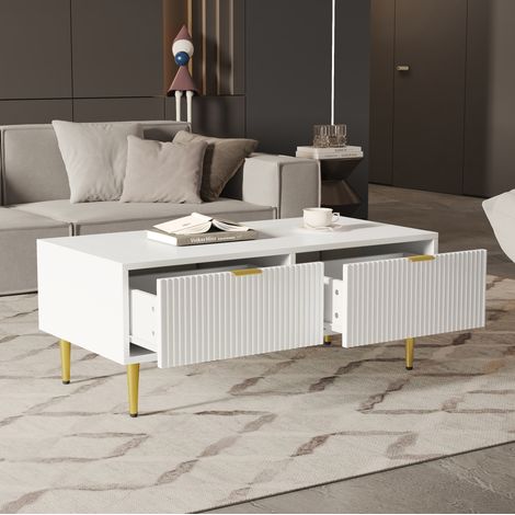 Tavolino da salotto con 2 cassetti 100 x 50 x 40 cm in MDF bianco e oro HAVRYA (1/5)