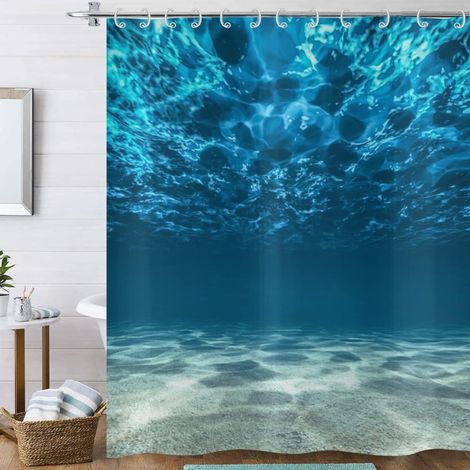 Rideau de douche bleu océan, 180x180cm, paysage naturel de vagues des fonds marins, tissu polyester imperméable, avec crochets (1/5)