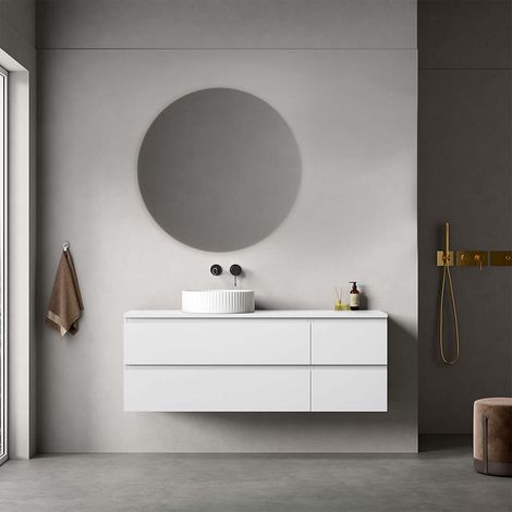 Mobile bagno sospeso reversibile 140 cm Bianco Opaco per Lavabo d'appoggio Specchio Tondo - Fiji Paint Top (1/4)