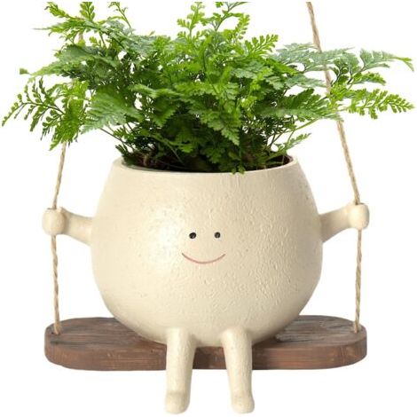 FENOPLASTICAPot De Fleurs Balançoire, Jardinière À Suspendre Intérieur Extérieur, Pot De Fleurs en Résine avec Visage Sourire Et Balançoire, Pot De Plant-ES Assis en Résine pour Plant-ES Succulentes (1/5)