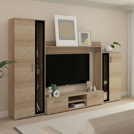 Parete Attrezzata Linafa, Mobile Soggiorno Modulabile, 9 Ripiani, 2 Cassetti, Marrone Rovere (1/4)