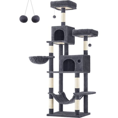 Arbre à Chat, Hauteur 199 cm, Grande Tour de Jeux, Housses de Plate-forme Amovibles, Multi-niveaux, avec Poteaux à Griffer, Large Niche, Hamac, pour Chats Domestiques, Gris Foncé (1/5)