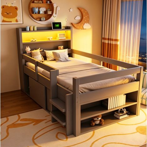 Lit 90x200 avec rangements, LED, USB, gris HAVRYA (1/5)