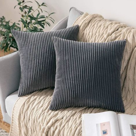Lot De 2 Taies D'oreiller Carrées Décoratives En Velours Côtelé Doux Taies D'oreiller Taies D'oreiller Pour Canapé Canapé Chambre Voiture 18 X 18 Pouces 45 X 45 Cm Gris Foncé (1/5)