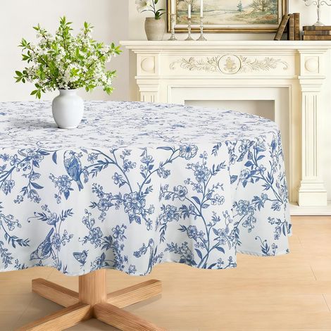 Nappe Rond Anti Tache Fleur Bleu Floral Vintage Ferme Nappe de Table Lavable Imperméable Lavable en Machine Polyester pour Salle à Manger Jardin fête Mariage ou Maisonr,Rond 180cm (1/5)