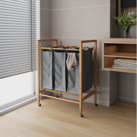 Panier à linge 3 compartiments 90 L sur roulettes en bambou gris foncé HAVRYA (1/5)