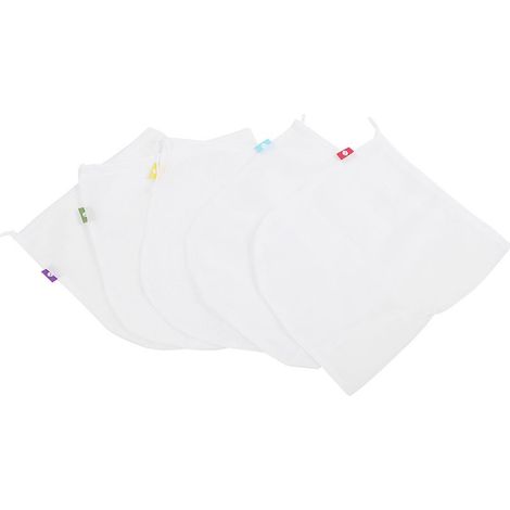 Lot de 5 sacs à provisions réutilisables, lavables, en filet avec cordon de serrage, pour le rangement des fruits et légumes au jardin. (1/5)