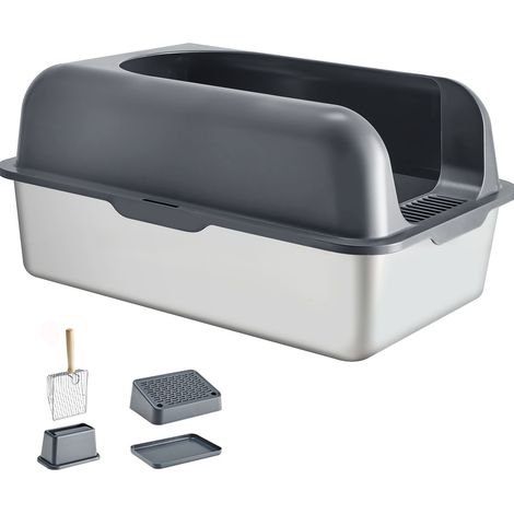 Katzentoilette aus Edelstahl, XL, 15 cm tief, mit Schaufel und rutschfestem Gitter, hohem Rand, geruchsdicht, leicht zu reinigen, geeignet für große Katzen. (1/5)