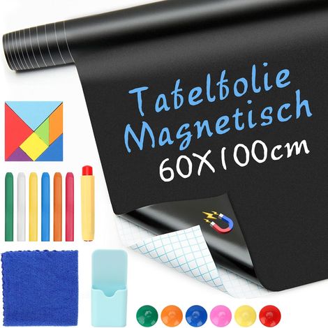 Film tableau magnétique autocollant 60 x 100 cm - Film effaçable à la craie - Avec 6 boutons magnétiques + 1 porte-stylo + 1 Tangram + 1 protection à la craie + 1 serviette (1/5)