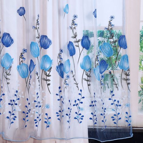 Rideaux en tulle imprimé tulipes 100 x 200 cm, voilage bleu, pour balcon ou fenêtre. (1/5)