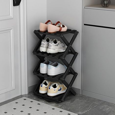 Range-chaussures vertical, Design étroit, Structure en bambou, Pliable, Autoportant (sans fixation murale), Idéal pour entrées et couloirs (Noir, 4 niveaux)