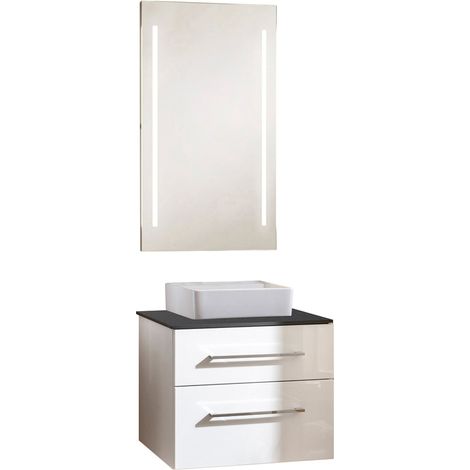 Fackelmann OXFORD Badmöbel Set 4 Teile / Keramik Waschbecken / Waschtischunterschrank mit 2 Schubladen / Waschtischplatte / LED-Spiegel / Korpus & Front: Weiß / Platte: Schwarz / Breite ca. 60 cm"-"90 (1/5)