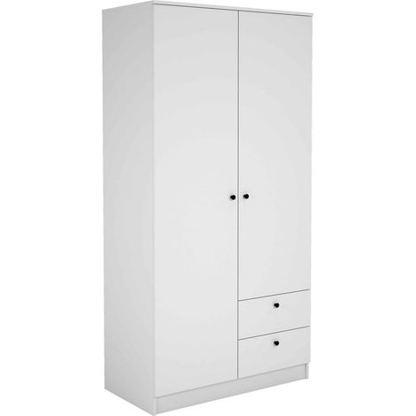 Placard armoire meuble de rangement de 2 portes et 2 tiroirs coloris Blanc - Hauteur 200 x Longueur 100 x Profondeur 51 cm (1/4)