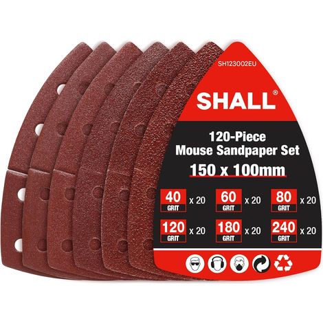 Lot de 120 feuilles abrasives triangulaires,patins de ponceuse à souris,105 x 152 mm, pour ponceuses multifonctions, différents grains : 40/60/80/120/180/240