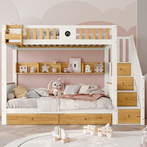 Lit superposé 90x200 cm, lit enfant gain de place avec escalier de rangement et tiroirs, en bois de pin massif et MDF, Blanc et Naturel (1/5)