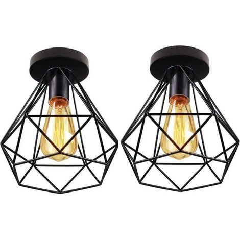 Lot de 2 Plafonnier Industrielle Retro en Métal Cage Fer Noir (1/4)