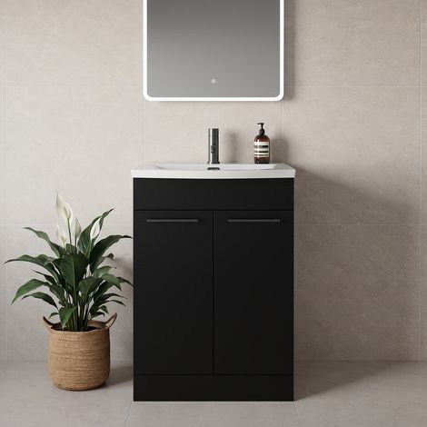 Napoli 390 Matt Black 600mm 2 Door Vanity Unit with Arc Basin - 600mm - Gunmetal Grey 160mm Handle