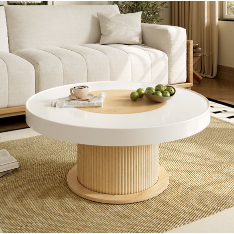 Table basse ronde 75 cm en MDF et PVC blanc naturel HAVRYA (1/5)