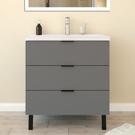 Aica Meuble de Salle de Bain 60cm avec 3 tiroirs + 2 Pieds, Meuble simple vasque, Anthracite