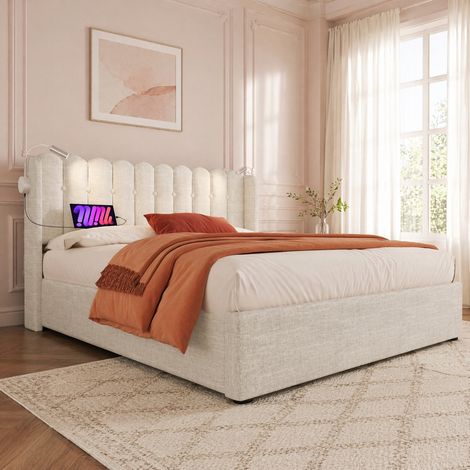 DESMIU Lit coffre Lit double avec USB, lampe de lecture et rangement 140 × 200 cm, sans matelas, en lin, naturel (1/5)