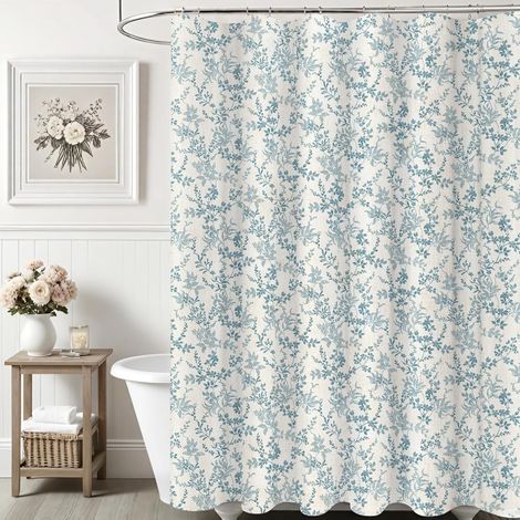 Rideau de Douche en Lin de Polyester Fleur Dense,Magnifique Fleurs Rideau Baignoire pour Déco Salle de Bain,180x180cm Tissu Chic Tissu Fleur Feuille Rideaux de Douche et 12 Crochet,Bleu Foncé (1/5)