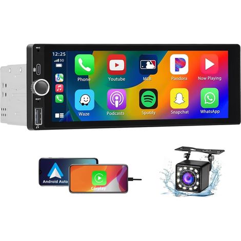 Autoradio 1 DIN con Carplay e Android Auto - Touch screen HD da 6,9 pollici Supporto per autoradio Mirror Link/Radio FM/USB/EQ – Autoradio Android Bluetooth con telecamera di retromarcia
