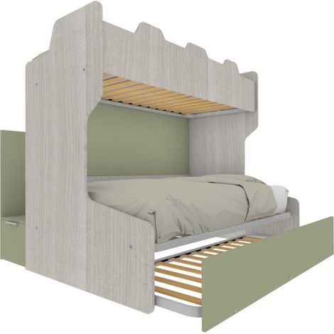Letto a castello salvaspazio con scala contenitore - 1 Piazza e mezza + singolo - Rovere rock