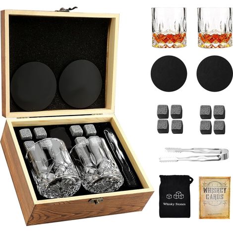 Pierres à Whisky Coffret Cadeau Verre à Whisky Pierres Froides à Whisky dans Une boîte Bois Faite à la Main Cool sans Dilution Lot de 2 Verres WhiskyCadeau pour Papa Mari Homme (Rectangulaire1) (1/5)